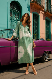 Women Handmade Floral Print Rayon Flared Light Green Dress (W1600)