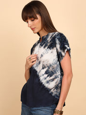 Women Rayon Slub Tie & Dye Mandarin Collar Regular Fit Top (W1771)