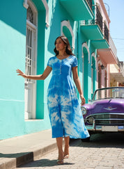Rayon Tie and Dye Sky Blue A-Line Midi Dress (W1282)