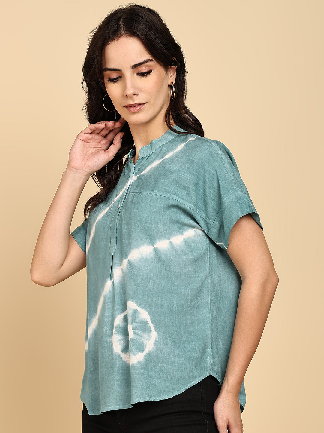 Women Casual Rayon Slub Tie & Dye Mandarin Short Sleeves Regular Fit Top (W1704)