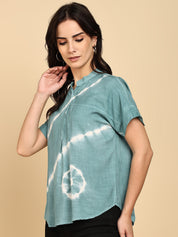 Women Casual Rayon Slub Tie & Dye Mandarin Short Sleeves Regular Fit Top (W1704)