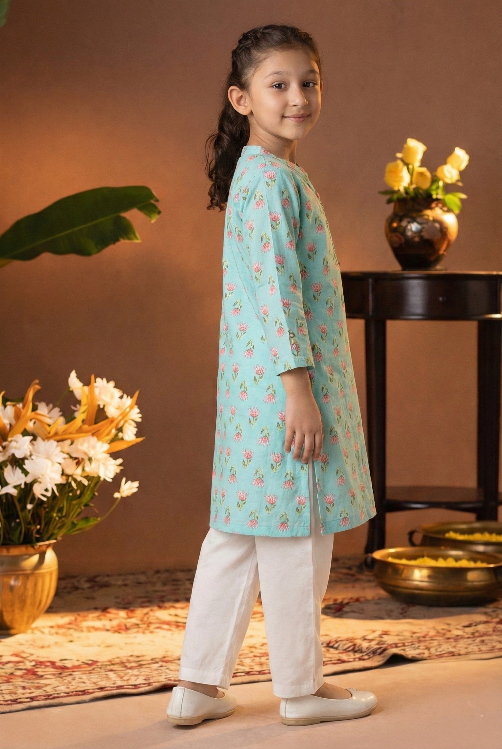Printed Cotton Kurta Pyjama Set For Girls (K1049)