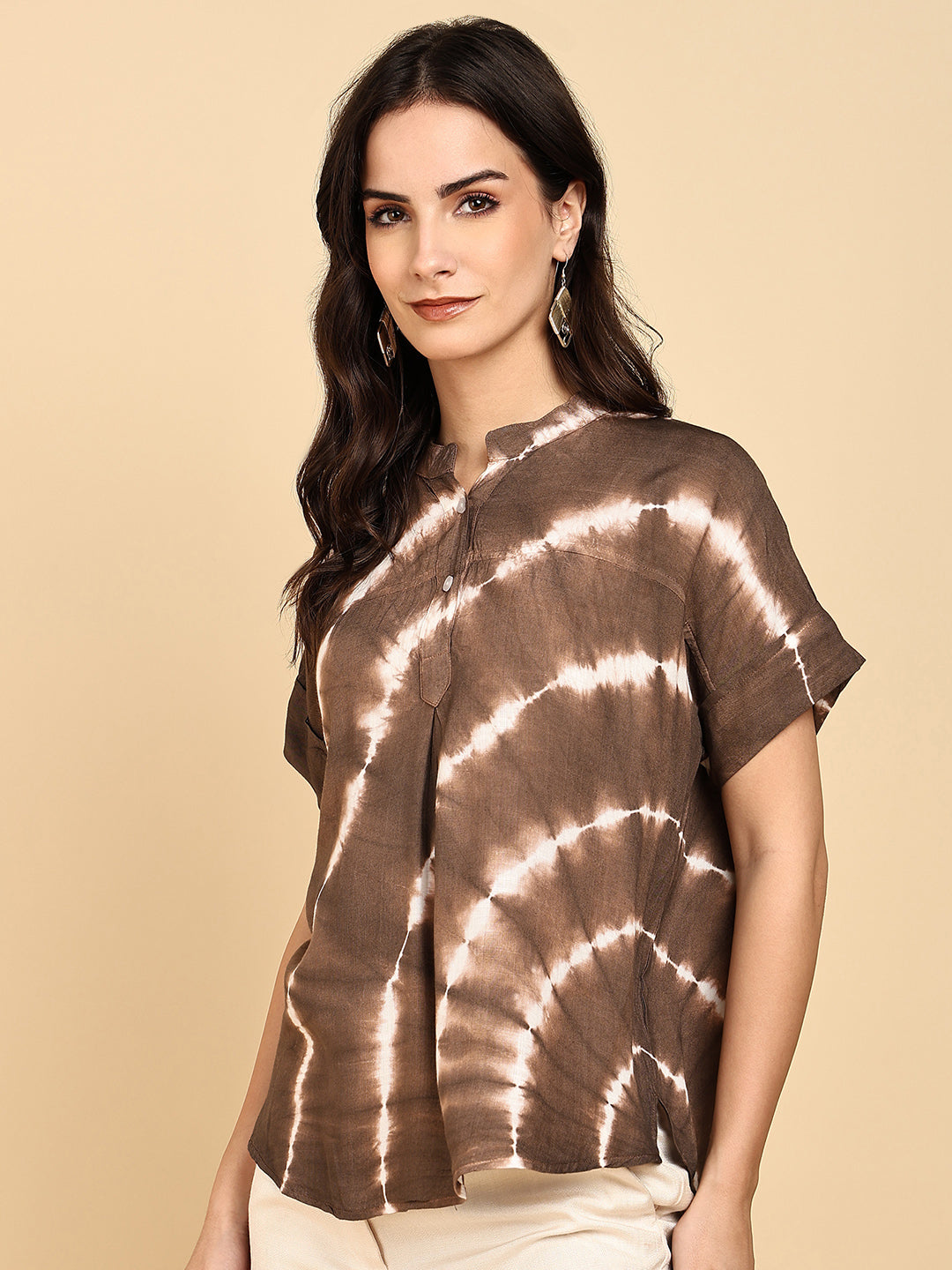 Women Casual Rayon Slub Tie & Dye Mandarin Short Sleeves Regular Fit Top (W1705)