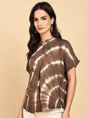 Women Casual Rayon Slub Tie & Dye Mandarin Short Sleeves Regular Fit Top (W1705)