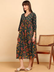 Women Cotton Floral Printed Flared/A-Line Dress (W1778)