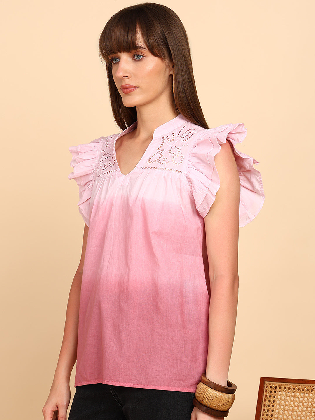 Women Cotton Tie & Dye V-Neck Regular Fit Top (W1777)