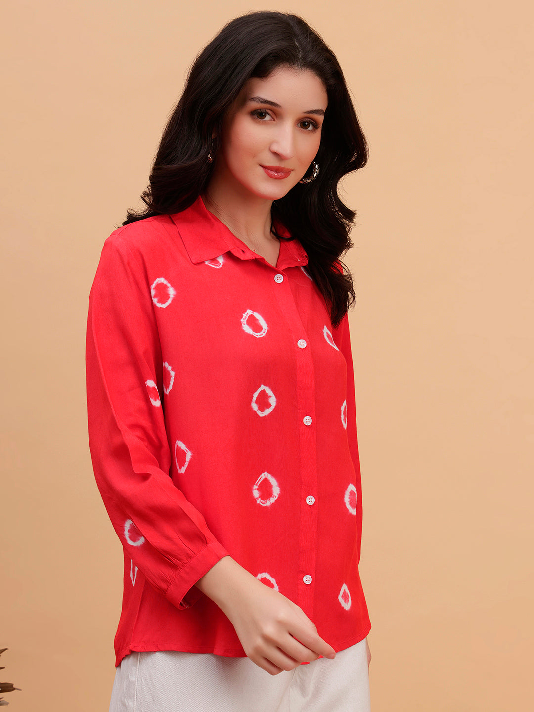 Women Red Tie-Dye Casual Rayon Regular Fit Shirt (W1795)