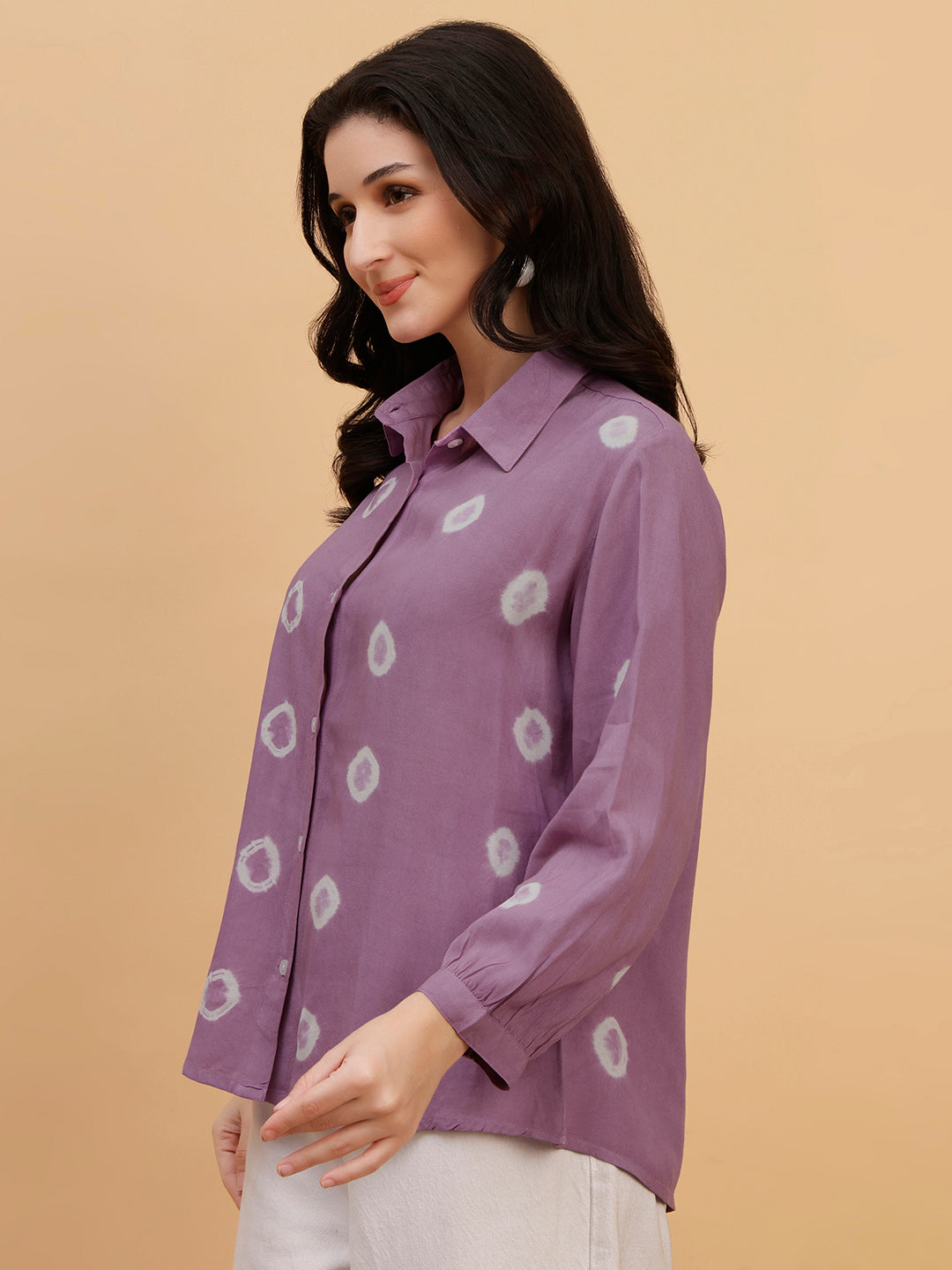 Women Hand Tie & Dye Purple Rayon Casual Shirt (W1796)