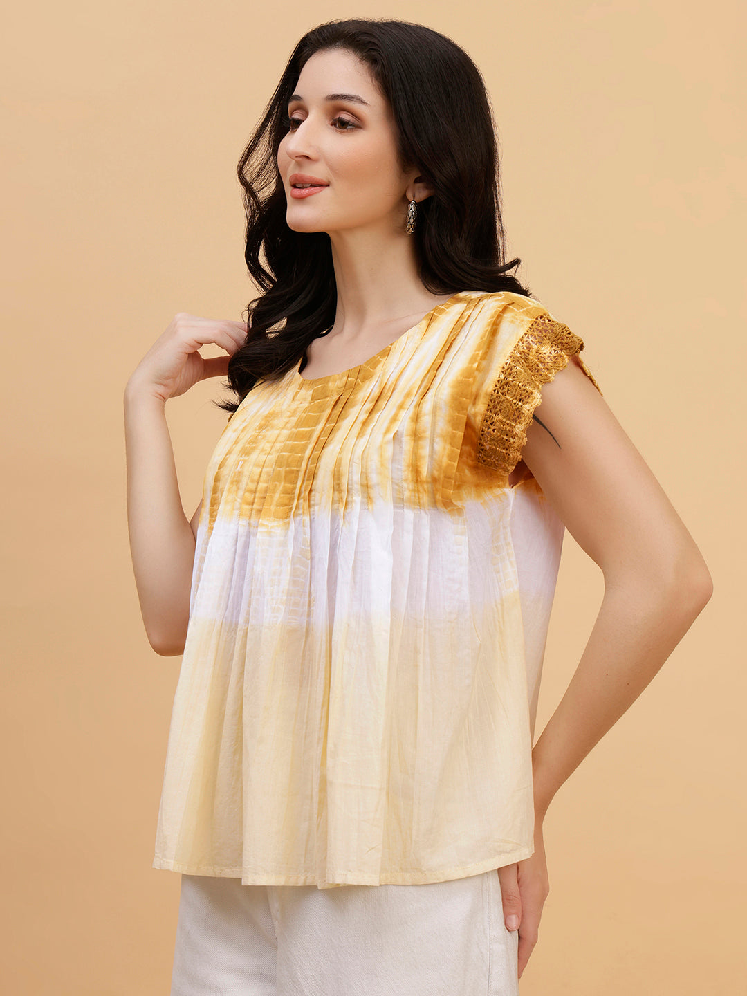 Women Brown-White Tie & Dye Camric Casual Top (W1804)