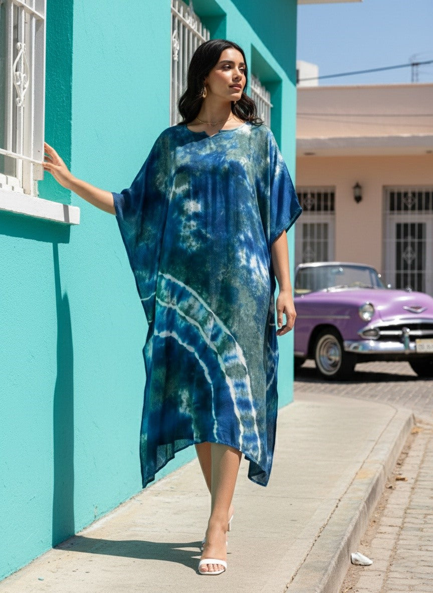 Women Rayon Crepe Tie & Dye Blue Kaftan Dress (W1209)