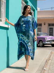 Women Rayon Crepe Tie & Dye Blue Kaftan Dress (W1209)