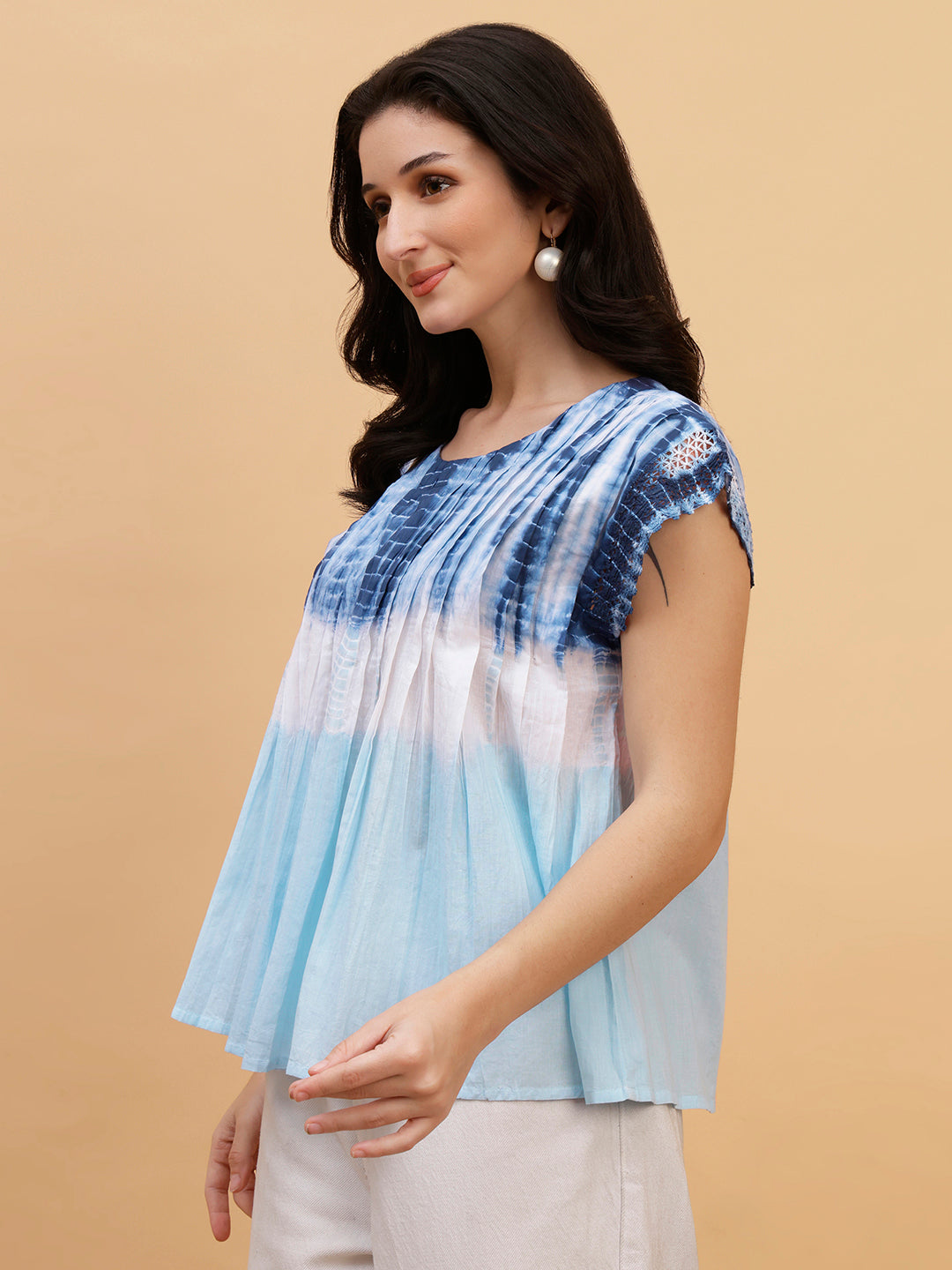 Women Blue-White Tie & Dye Camric Casual Top (W1806)