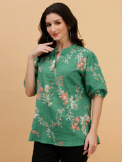 Women Green  Printed Camric Casual Top (W1817)