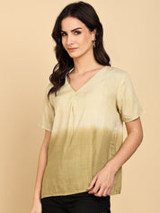 Women Casual Rayon Slub Tie & Dye V-Neck Short Sleeves Regular Fit Top (W1685)