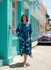 Women Rayon Crepe Tie & Dye Blue Kaftan Dress (W1348)
