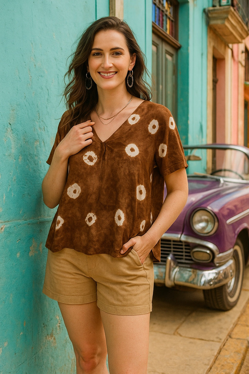 Half Sleeves Tie Dyed Front Pleated Rayon Top (W1473)