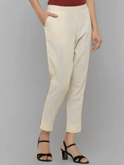 Women Off White Cotton Solid Casual Pant (W1053)