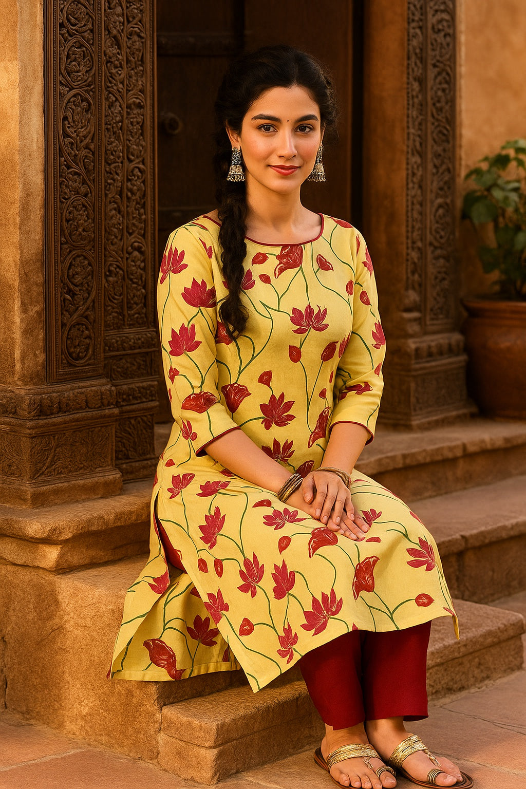 Women Handmade Floral Pure Cotton Straight Yellow Kurta (W1584)