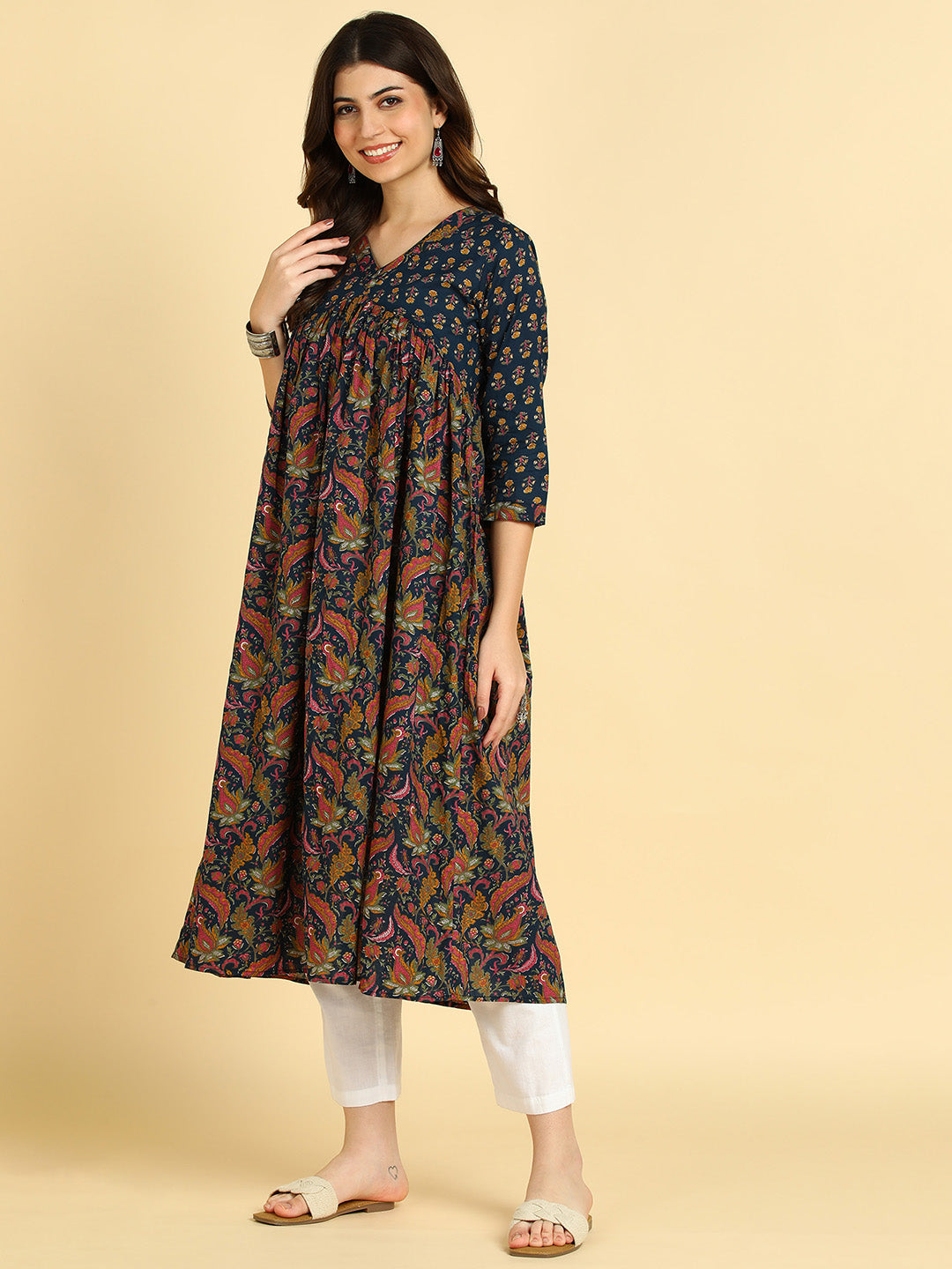 Women Floral Printed Cotton Flared/A-Line Dress (W1668)