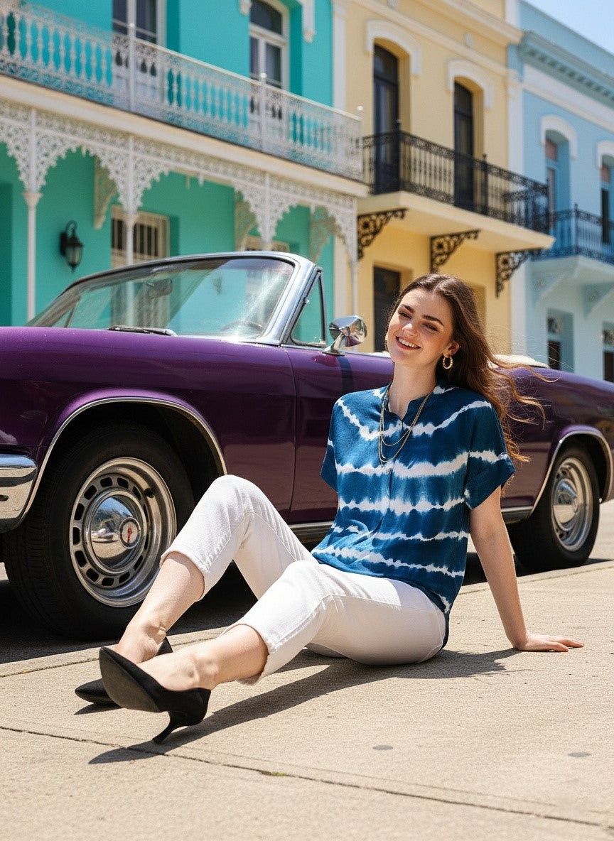 Vibrant Navy Blue Tie-Dye Everywhere Top In Soft Rayon (W1543)