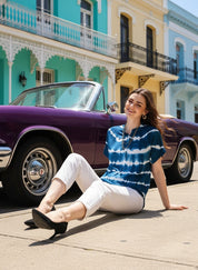 Vibrant Navy Blue Tie-Dye Everywhere Top In Soft Rayon (W1543)