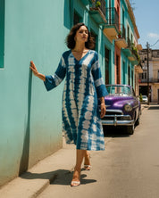 Women Handmade Dyed Rayon Flared Blue Dress (W1599)