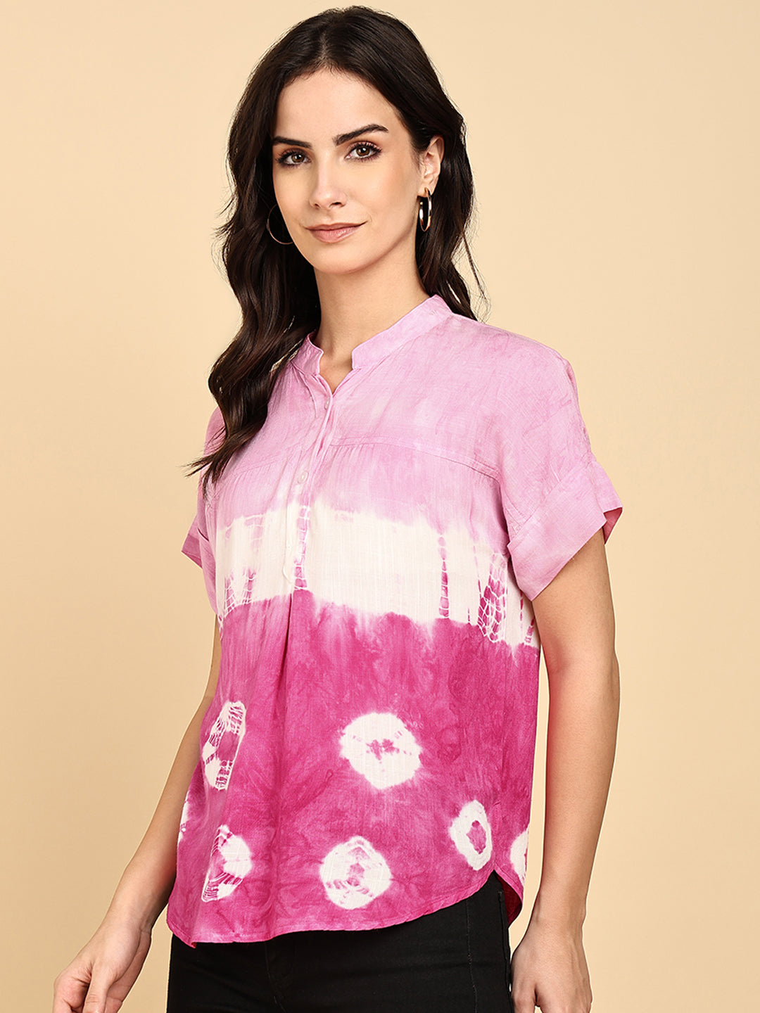 Women Casual Rayon Slub Tie & Dye Mandarin Short Sleeves Regular Fit Top (W1701)