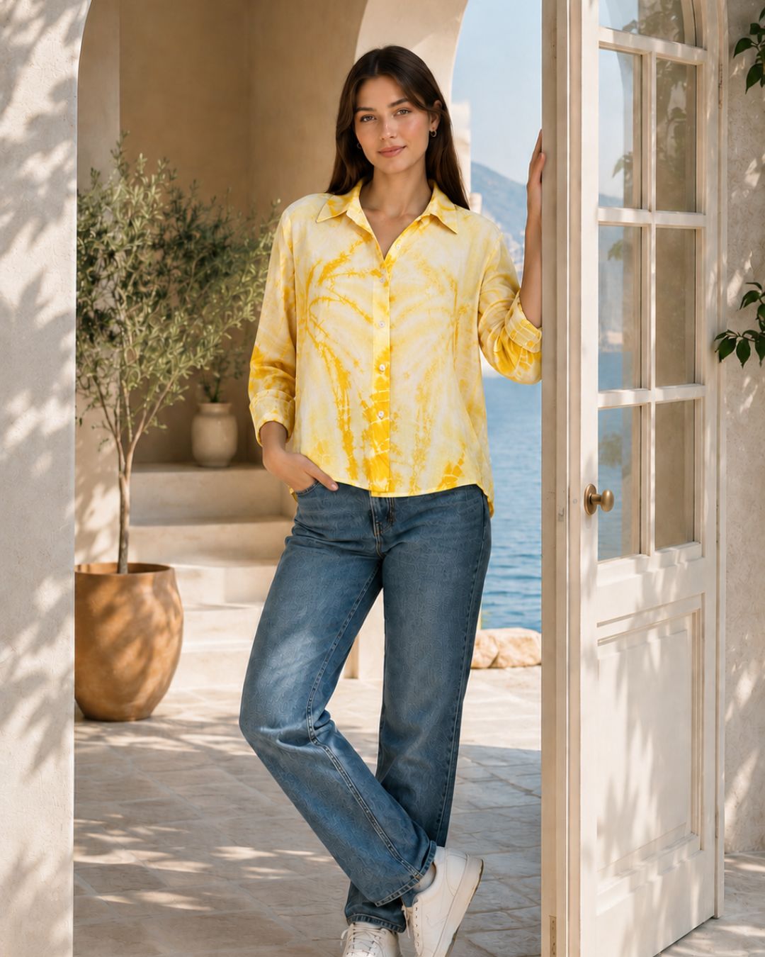 Women Casual Rayon Staple Tie & Dye Spread Collar Full Sleeves Loose Fit Shirt (W1699)