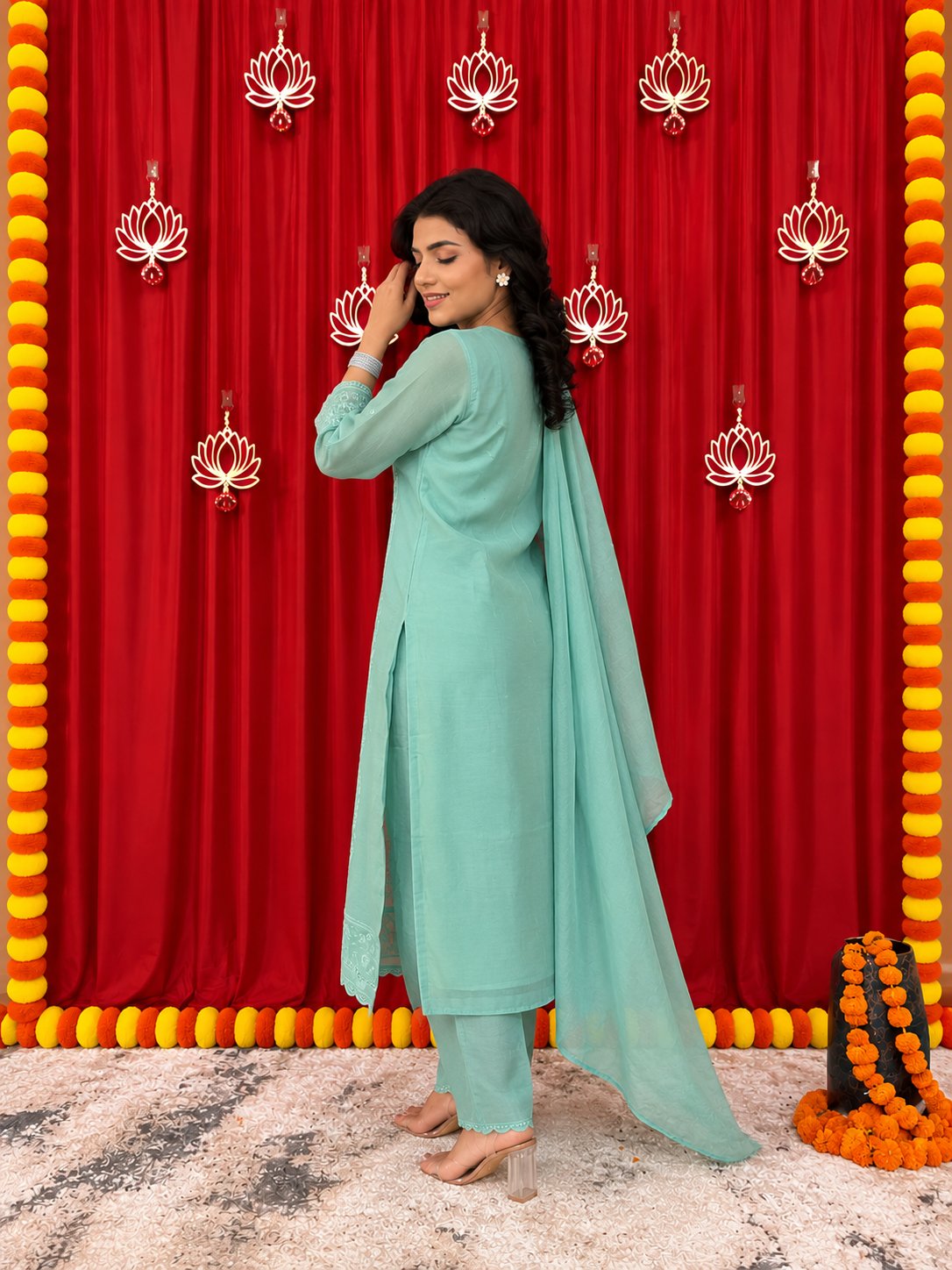 Maaesa Luxe Rama Muslin Silk Festive Kurta Set | Kurta Bottom Dupatta (W10008)