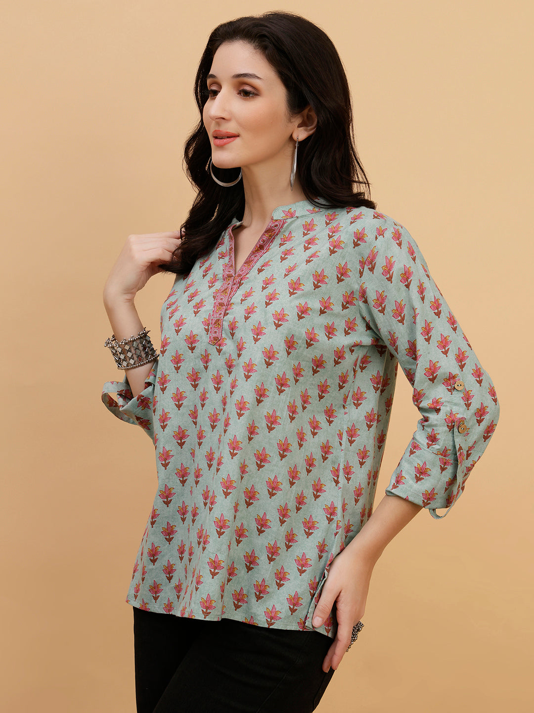Women Green Printed Camric Casual Top (W1808)