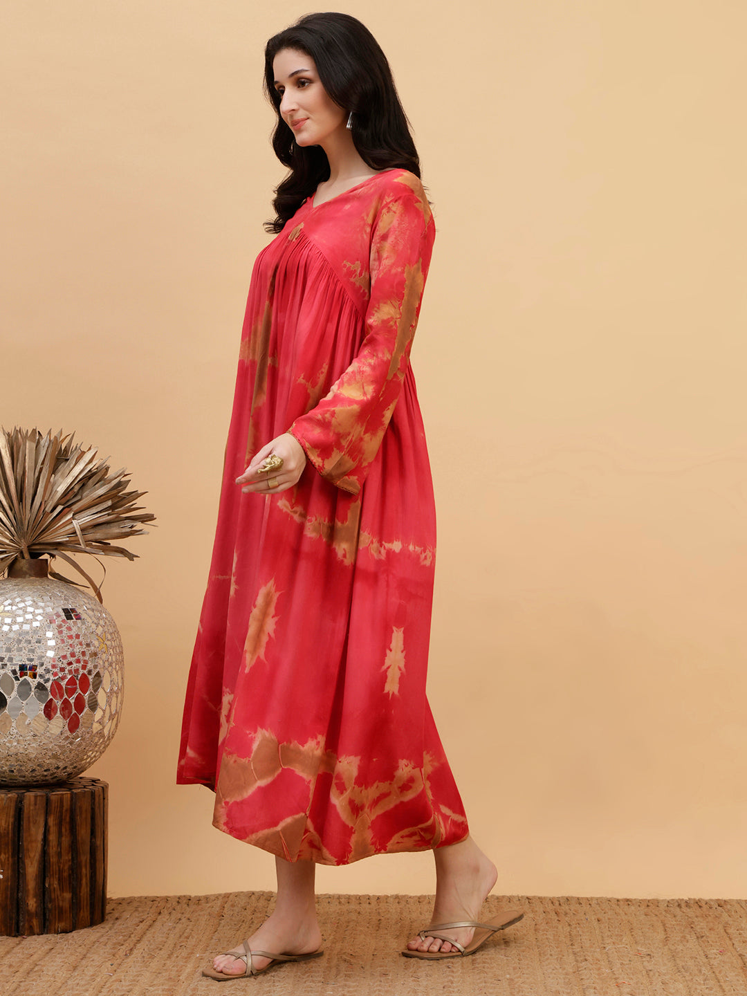 Women Hand Tie & Dye Red Rayon A-Line Dress (W1803)