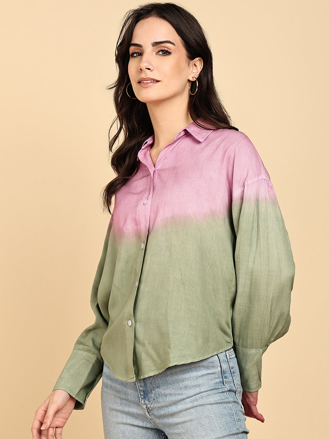 Women Casual Rayon Staple Tie & Dye Spread Collar Full Sleeves Loose Fit Shirt (W1698)