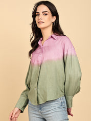 Women Casual Rayon Staple Tie & Dye Spread Collar Full Sleeves Loose Fit Shirt (W1698)