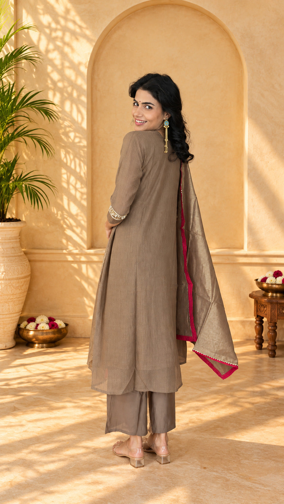 Jaipurhues Luxe Brown Crepe Tissue Festive Kurta Set | Kurta Bottom Dupatta (W10003)