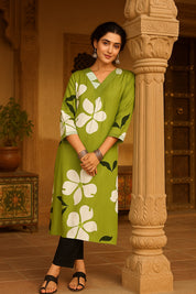 Women Handmade Geometric Pure Cotton Straight Light Green Kurta (W1589)