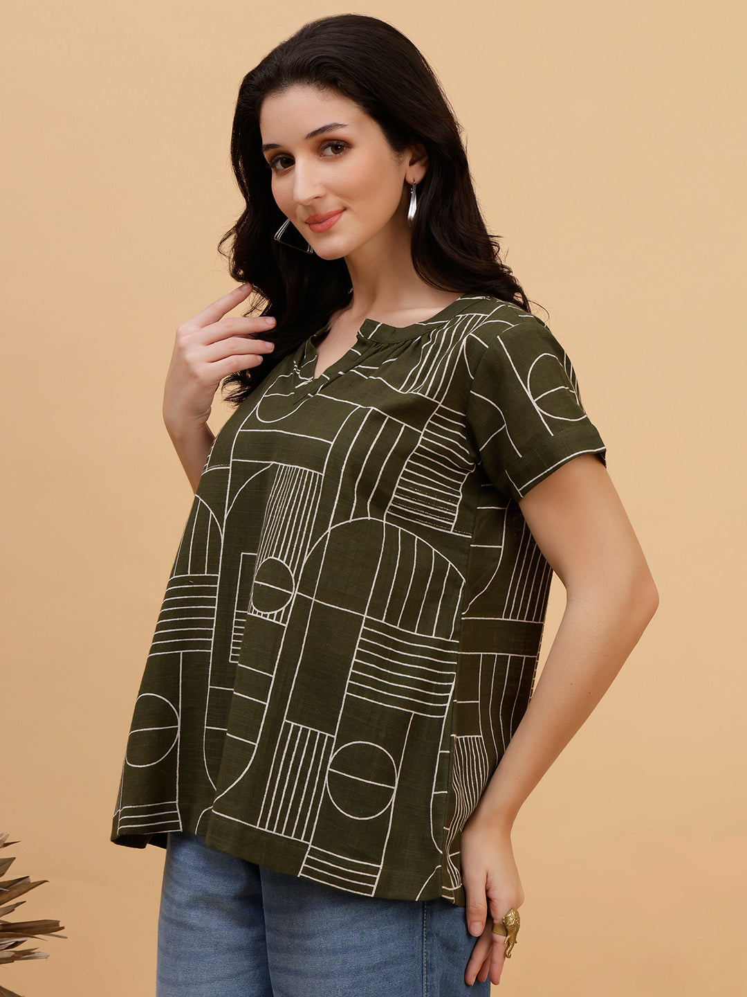 Women Green Cotton Printed Casual Top (W1793)