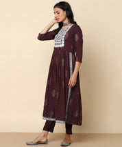 Coffee Brown Embroidered Rayon Naira Cut Kurta with Chiffon Dupatta (W1418)