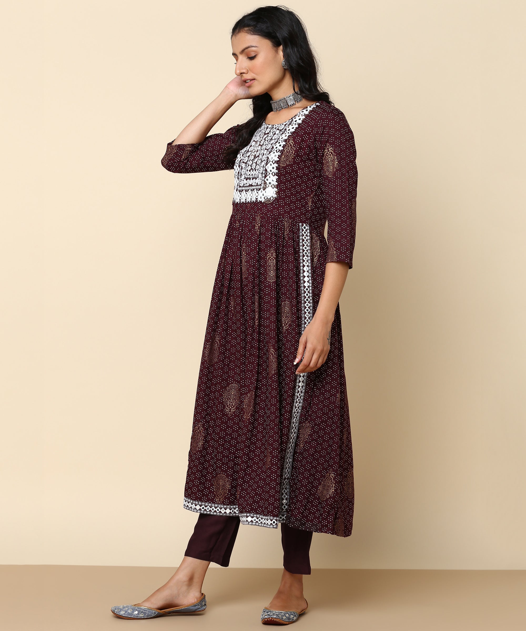 Coffee Brown Embroidered Rayon Naira Cut Kurta with Chiffon Dupatta (W1418)