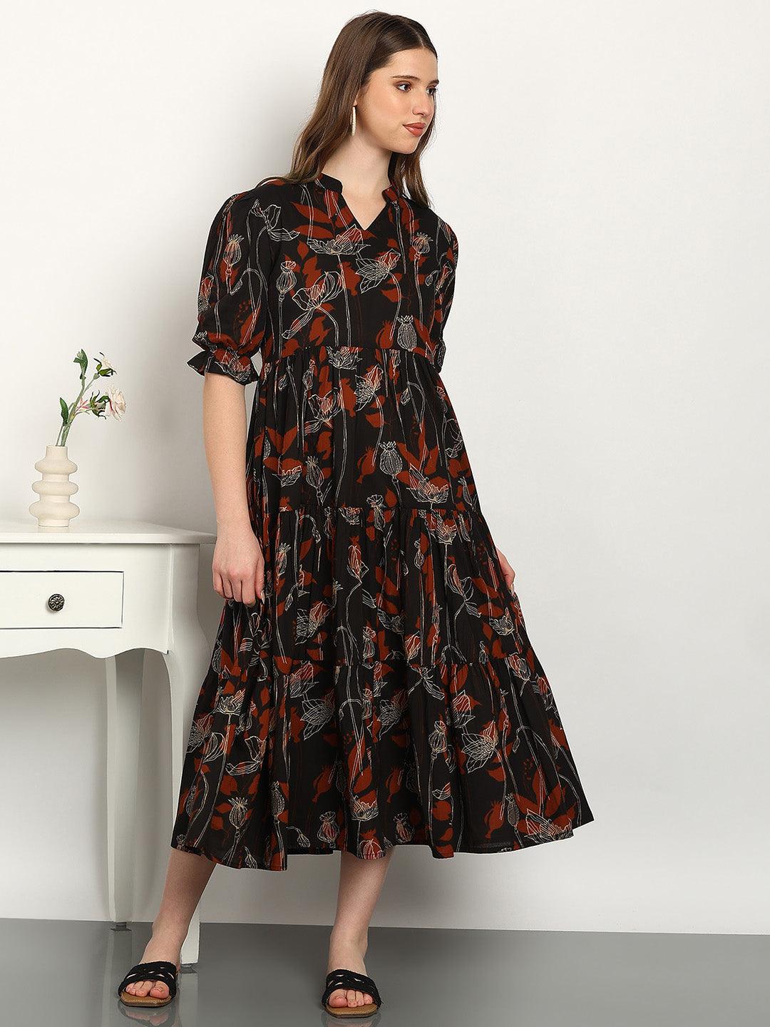 Women Cotton Printed A-Line Dress (W1738)