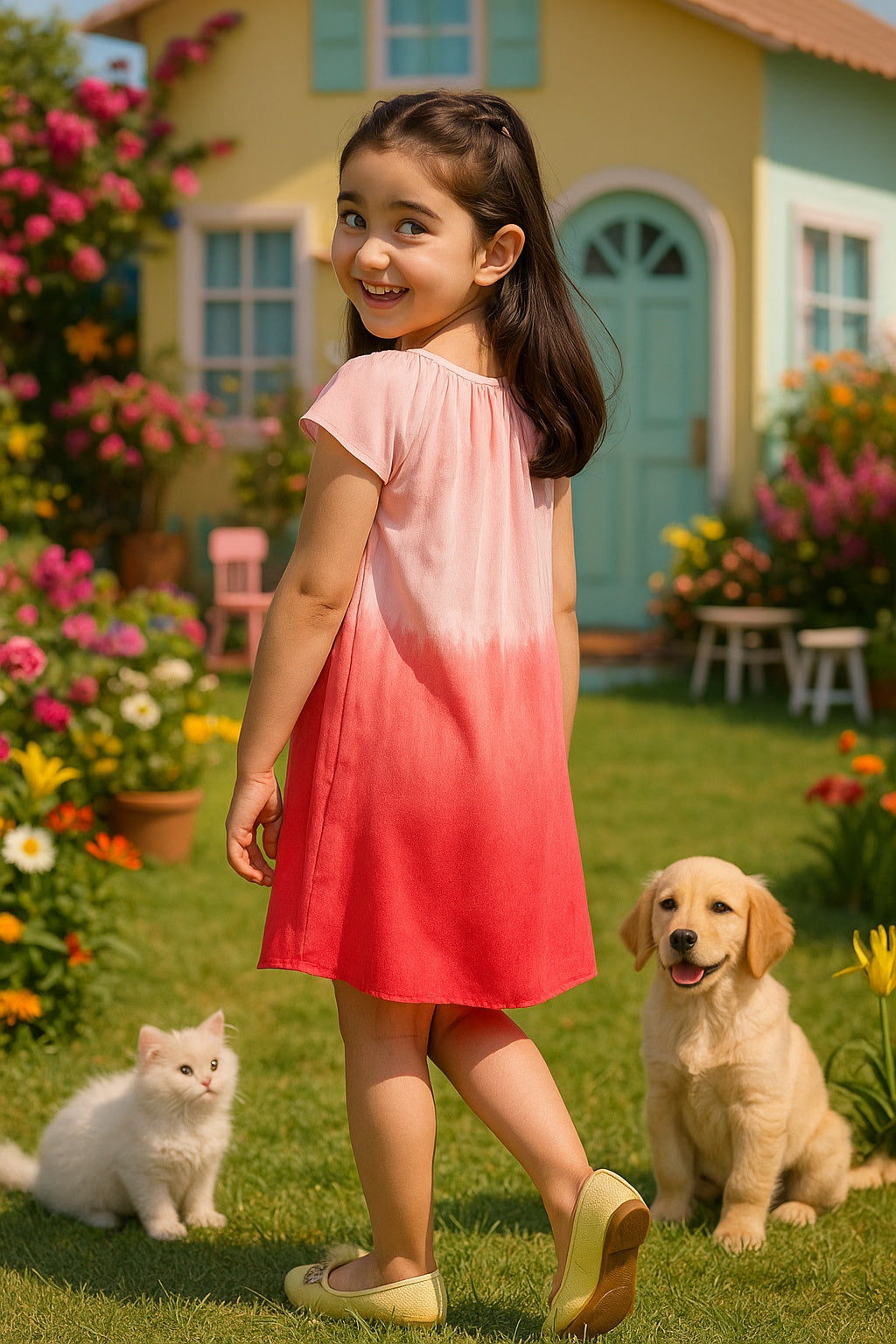 Hand Dyed Rayon Frill Dress for Girls (K1029)