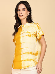 Women Casual Rayon Slub Tie & Dye Mandarin Short Sleeves Regular Fit Top (W1703)