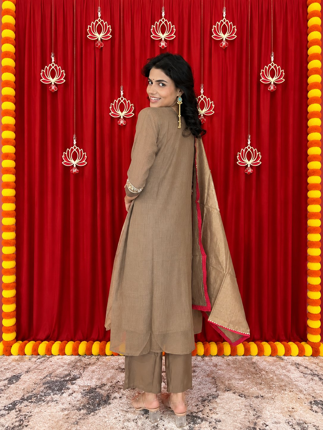 Maaesa Luxe Brown Crepe Tissue Festive Kurta Set | Kurta Bottom Dupatta (W10003)