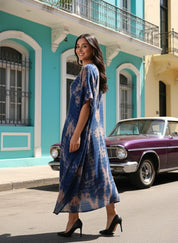 Women Rayon Tie & Dye Beige-Blue Kaftan Dress (W1206)