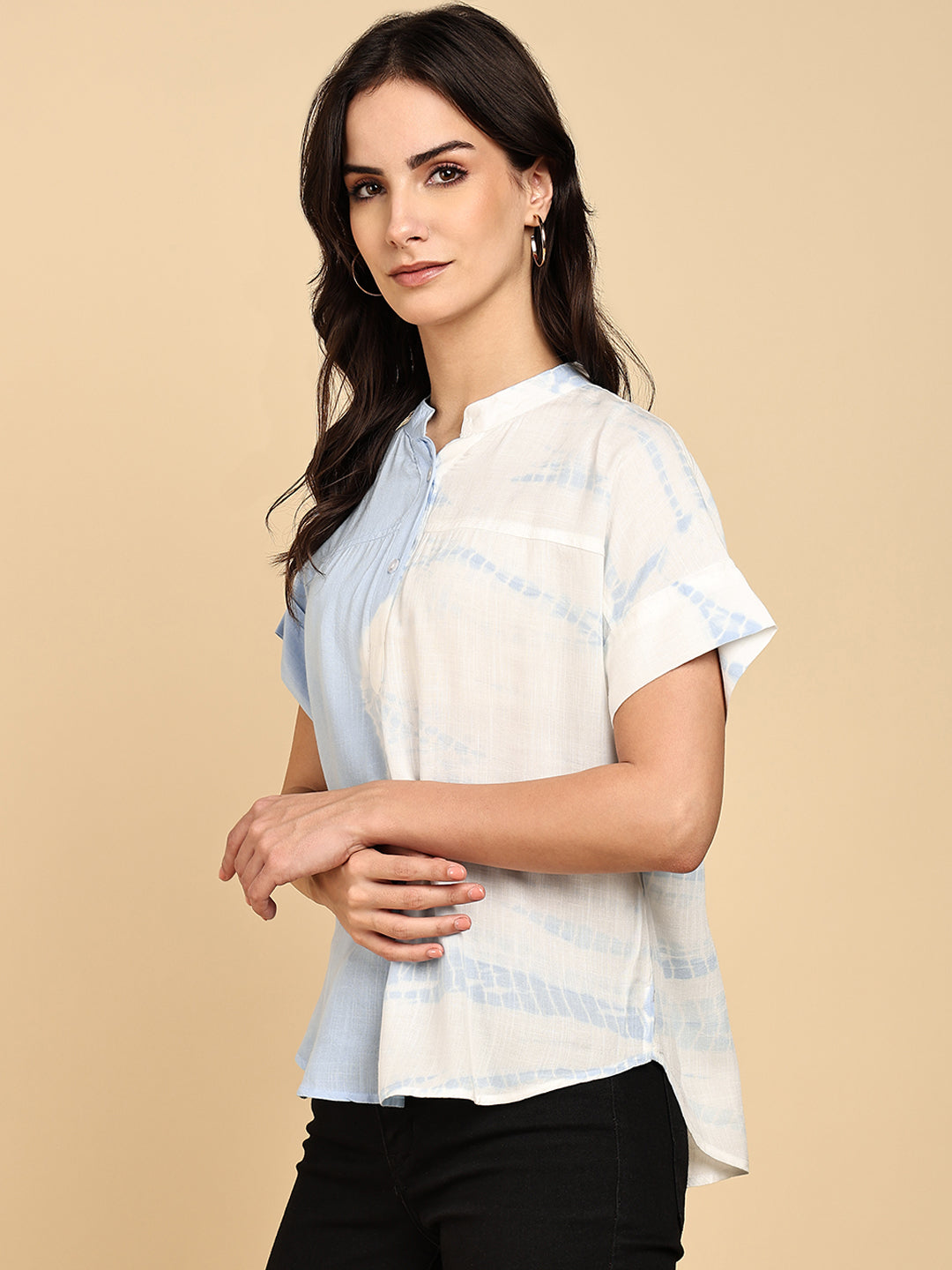 Women Casual Rayon Slub Tie & Dye Mandarin Short Sleeves Regular Fit Top (W1700)