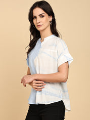 Women Casual Rayon Slub Tie & Dye Mandarin Short Sleeves Regular Fit Top (W1700)