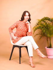 Women Orange Cotton Printed Casual Mandarin Collar A-Line Top (W1344)