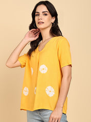 Women Casual Rayon Slub Tie & Dye V-Neck Short Sleeves Regular Fit Top (W1687)