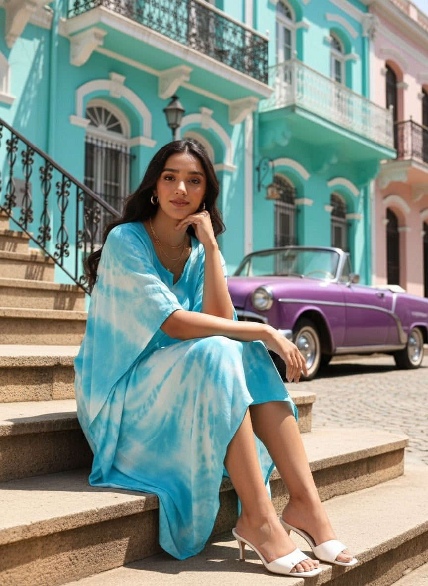 Rayon Crepe Hand Dyed Tie Dye Blue Kaftan Dress (W1188)