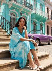 Rayon Crepe Hand Dyed Tie Dye Blue Kaftan Dress (W1188)