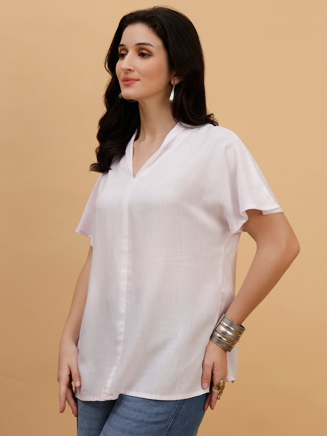 Women White Solid Rayon Casual Top (W1788)